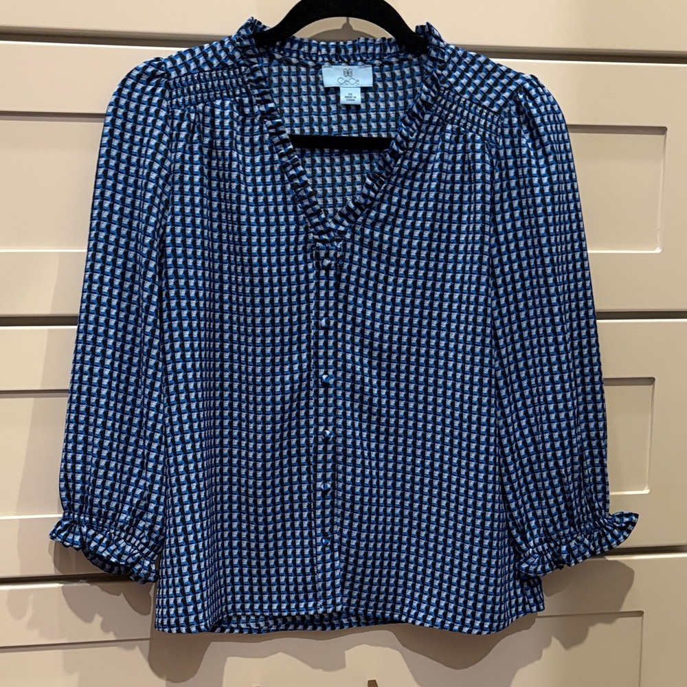 CeCe Navy and White Checkered Blouse